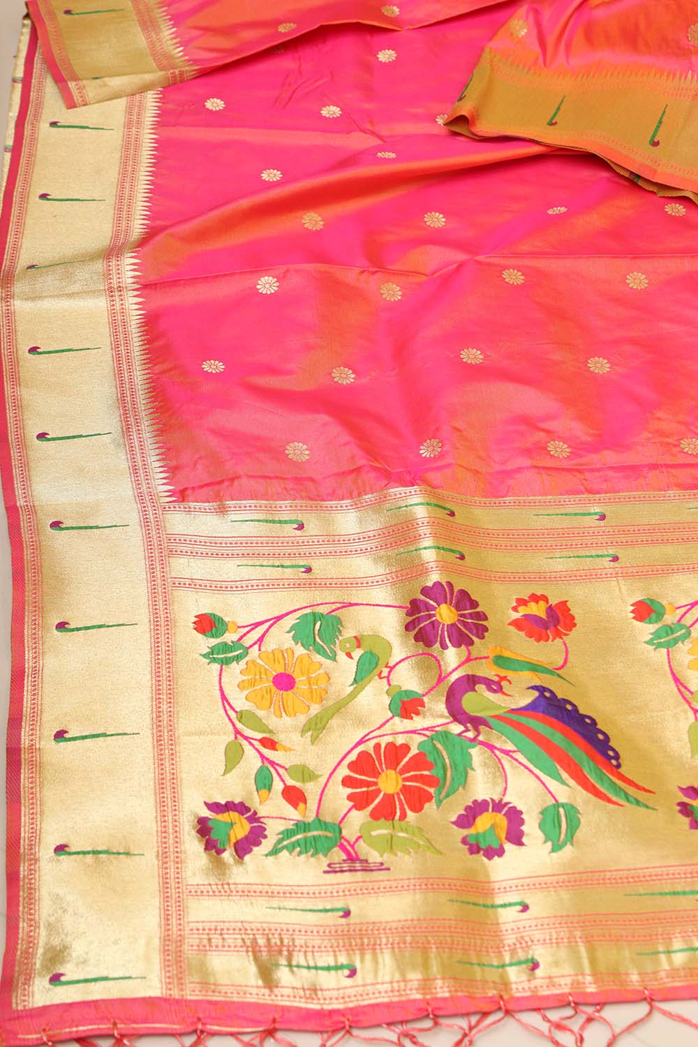 Beautiful Pink Paithani Silk Flower & Peacock Design Dupatta - Luxurion World