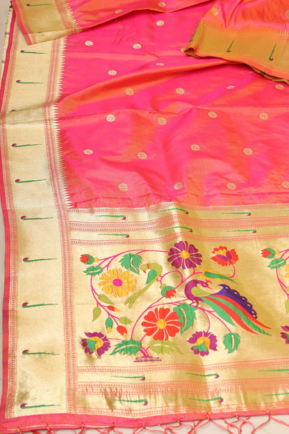 Beautiful Pink Paithani Silk Flower & Peacock Design Dupatta - Luxurion World