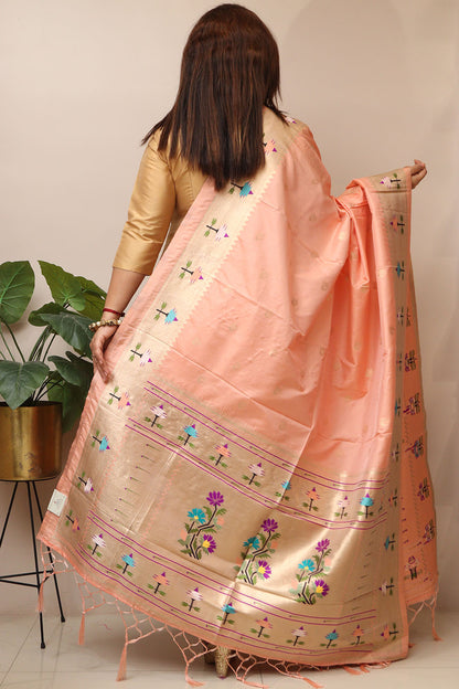 Peach Paithani Silk Flower Design Dupatta - Elegant and Luxurious - Luxurion World