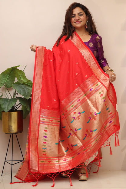 Elegant Red Paithani Silk Peacock Design Dupatta - Luxurion World