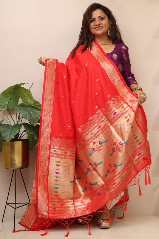 Elegant Red Paithani Silk Peacock Design Dupatta - Luxurion World