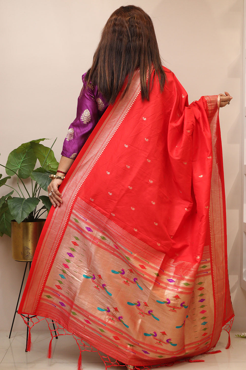 Elegant Red Paithani Silk Peacock Design Dupatta - Luxurion World