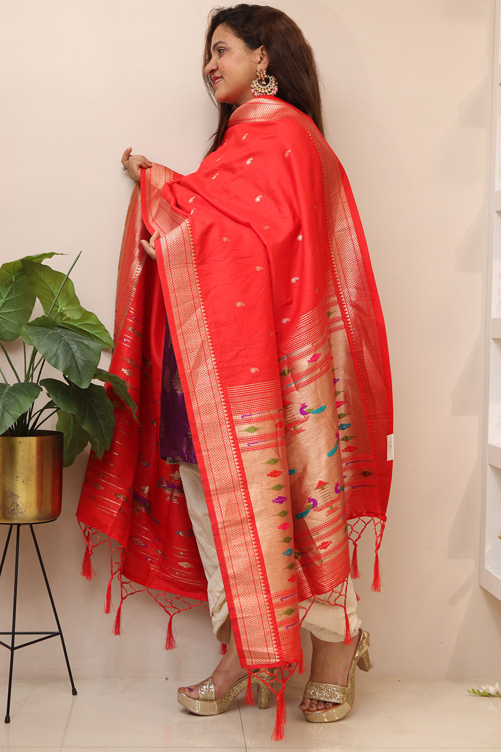 Elegant Red Paithani Silk Peacock Design Dupatta - Luxurion World
