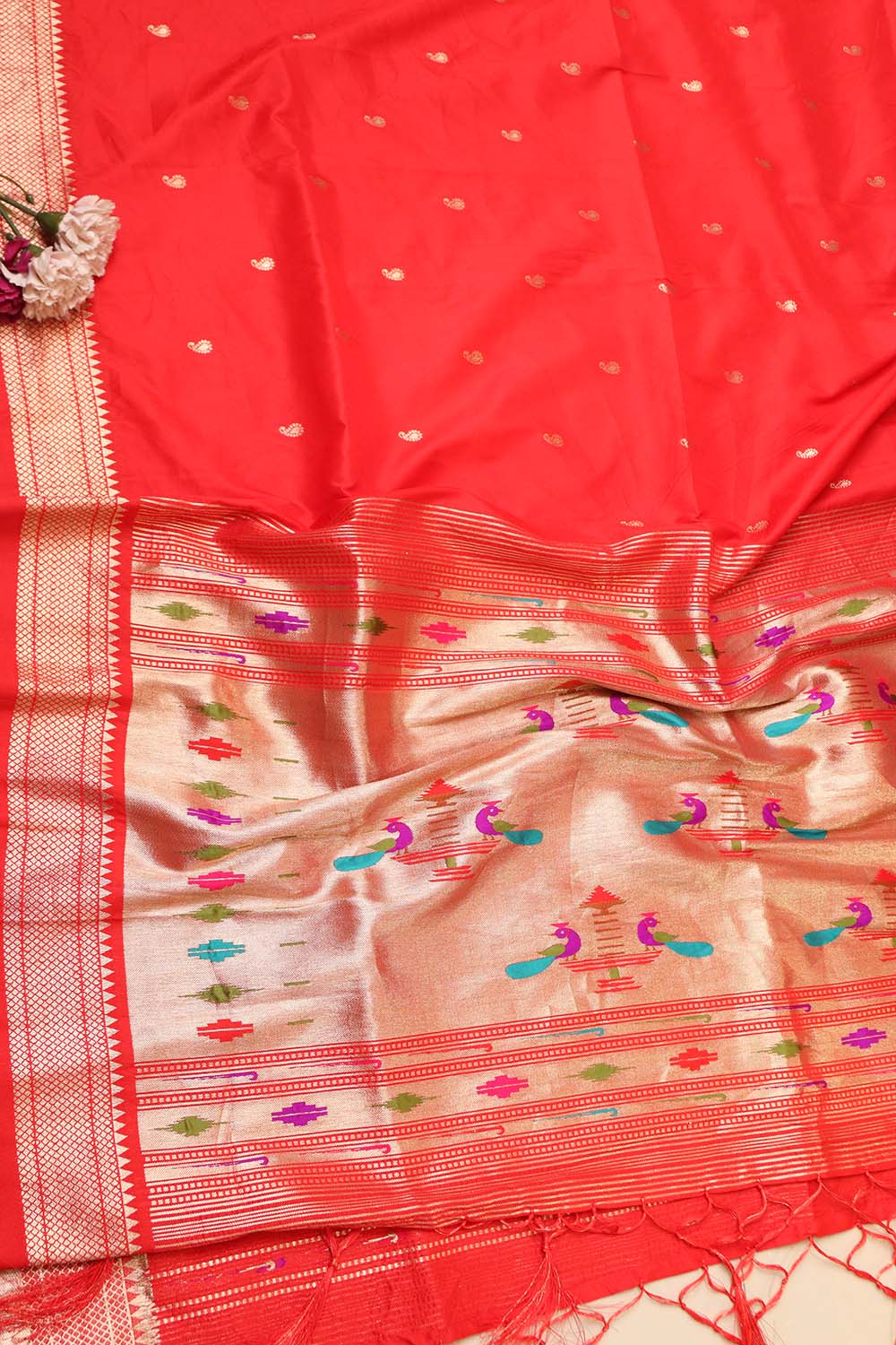 Elegant Red Paithani Silk Peacock Design Dupatta - Luxurion World