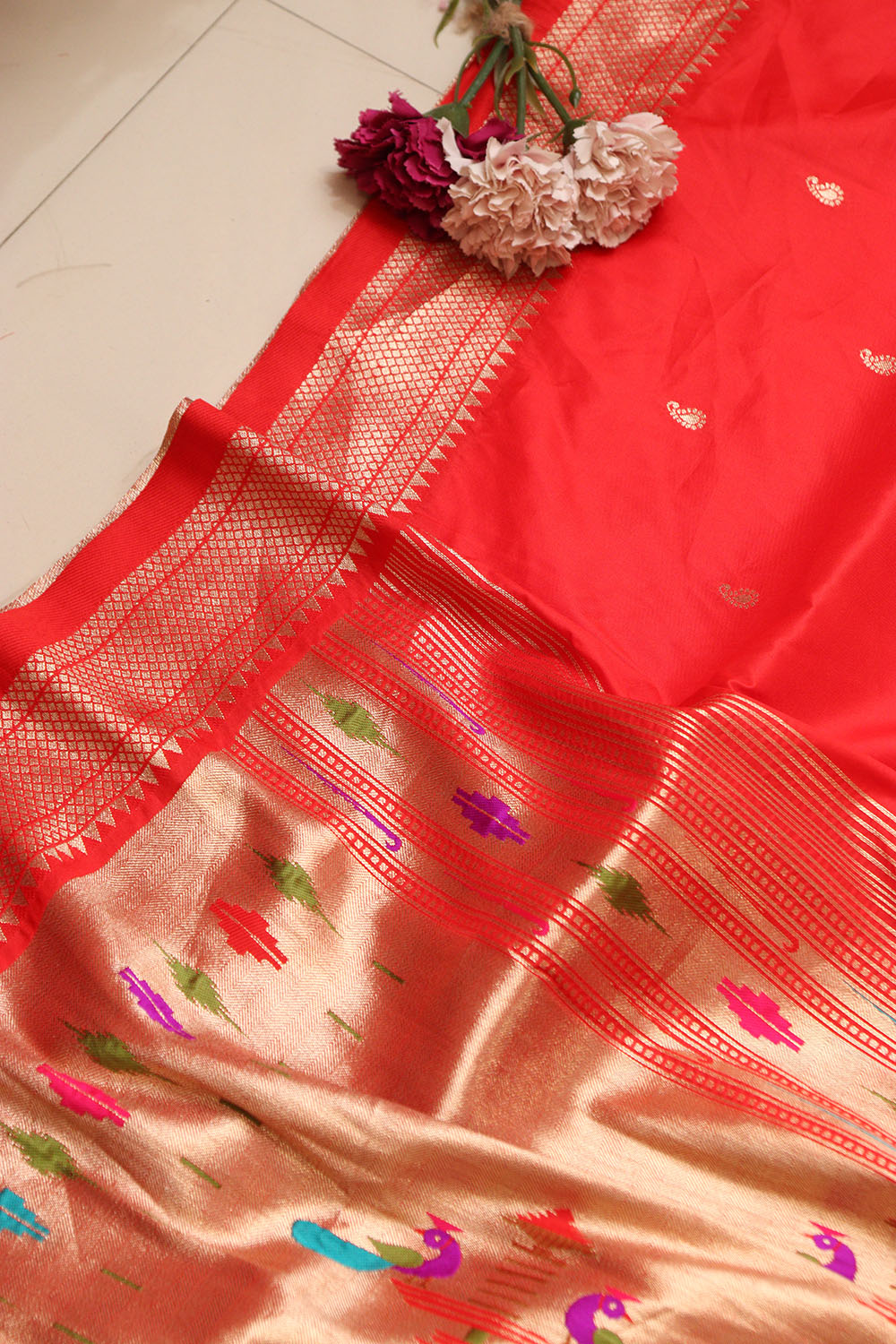 Elegant Red Paithani Silk Peacock Design Dupatta - Luxurion World