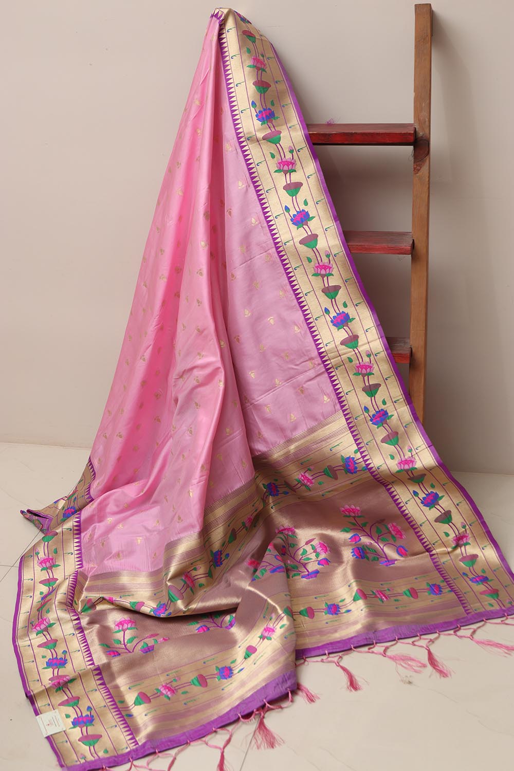 Pink Paithani Silk Flower Design Dupatta - Luxurion World