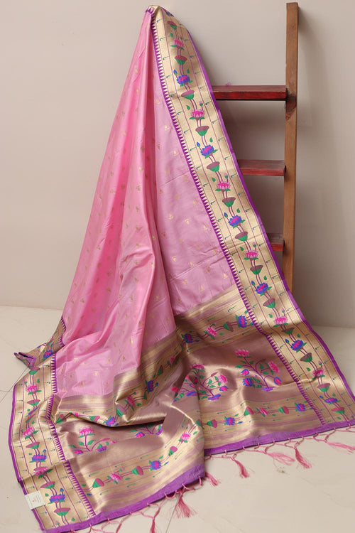 Pink Paithani Silk Flower Design Dupatta - Luxurion World