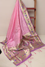 Pink Paithani Silk Flower Design Dupatta - Luxurion World