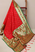 Red Paithani Silk Flower Design Dupatta - Luxurion World