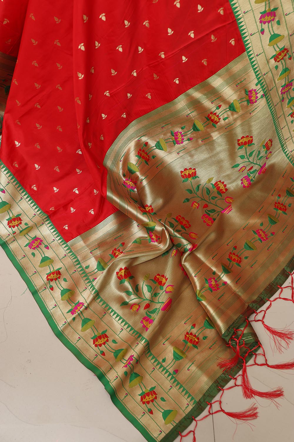 Red Paithani Silk Flower Design Dupatta - Luxurion World
