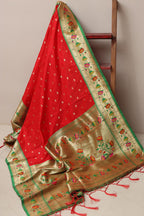 Red Paithani Silk Flower Design Dupatta - Luxurion World