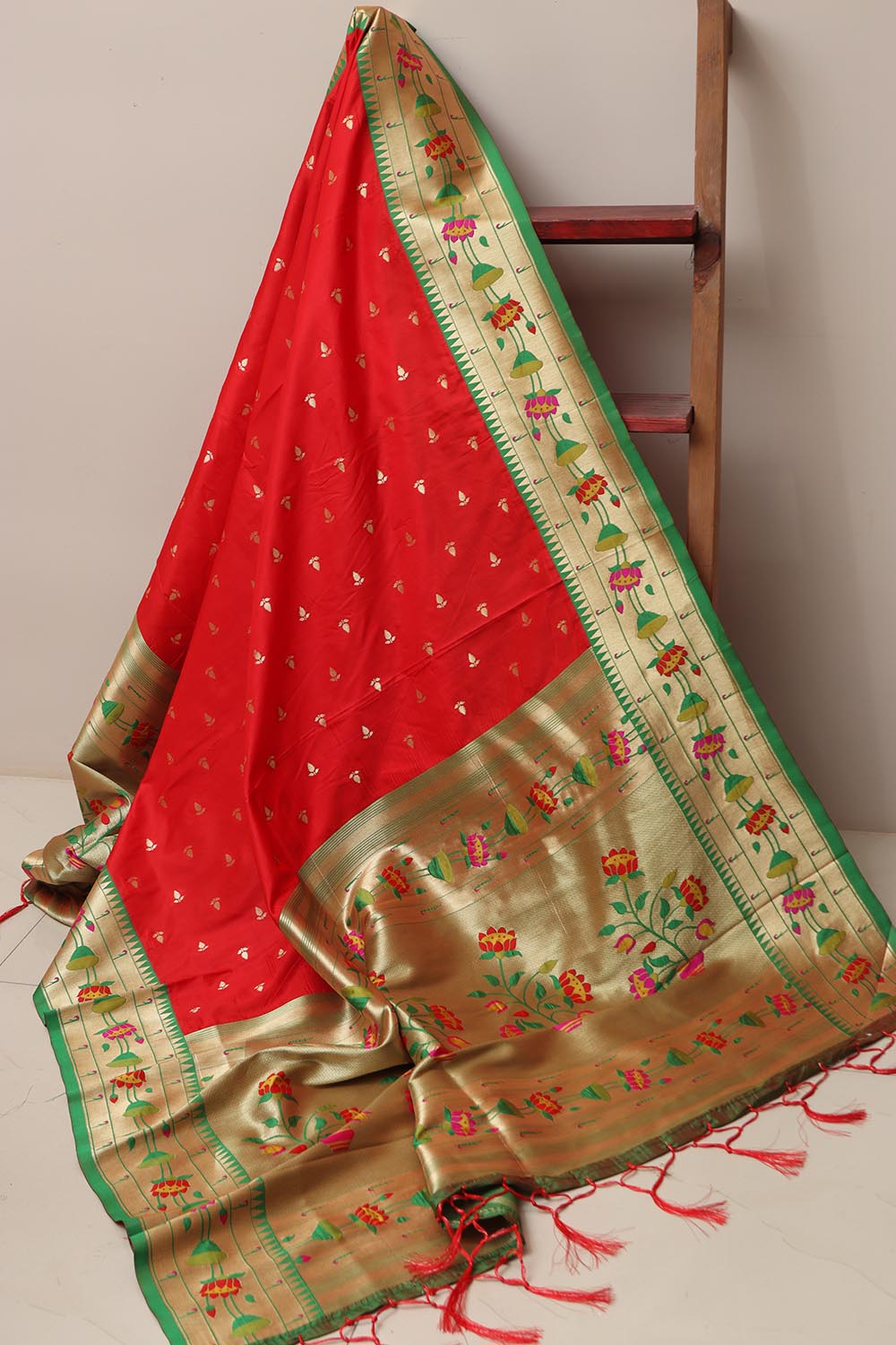 Red Paithani Silk Flower Design Dupatta - Luxurion World