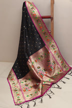 Elegant Black Paithani Silk Flower Design Dupatta - Luxurion World