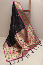 Elegant Black Paithani Silk Flower Design Dupatta - Luxurion World