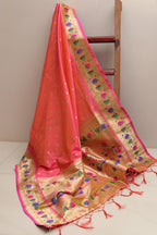 Beautiful Pink Paithani Silk Flower Design Dupatta - Luxurion World