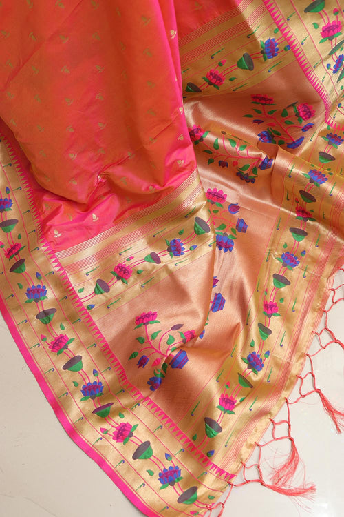 Beautiful Pink Paithani Silk Flower Design Dupatta - Luxurion World