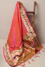 Beautiful Pink Paithani Silk Flower Design Dupatta - Luxurion World