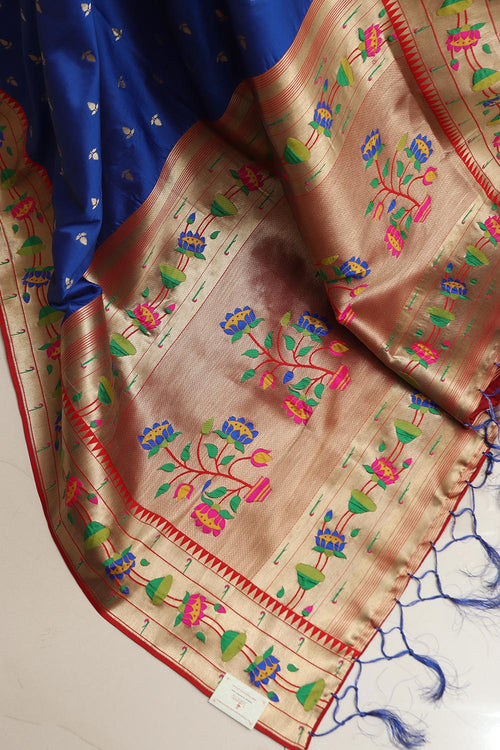 Elegant Blue Paithani Silk Flower Design Dupatta - Luxurion World