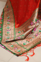 Orange Paithani Silk Flower Design Dupatta - Luxurion World