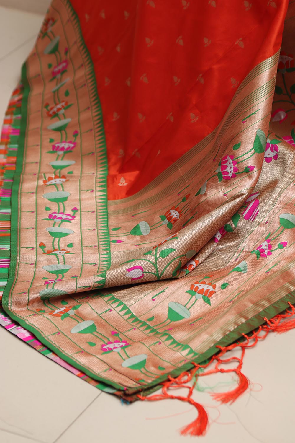 Orange Paithani Silk Flower Design Dupatta - Luxurion World
