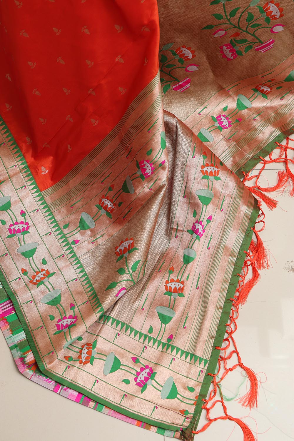 Orange Paithani Silk Flower Design Dupatta - Luxurion World