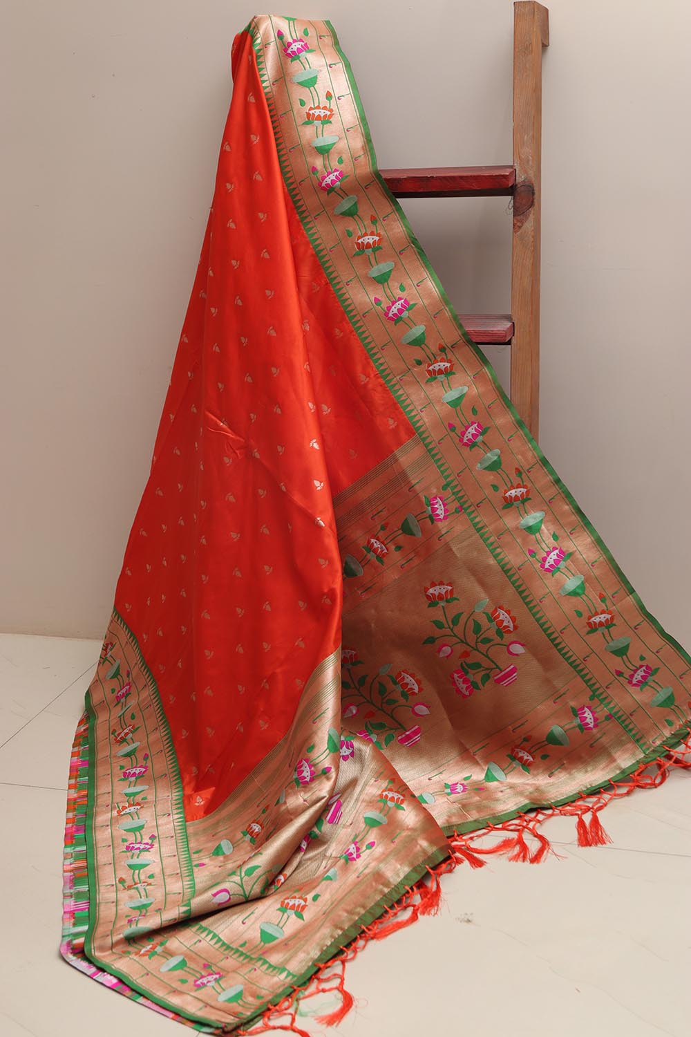 Orange Paithani Silk Flower Design Dupatta - Luxurion World