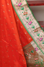 Orange Paithani Silk Flower Design Dupatta - Luxurion World