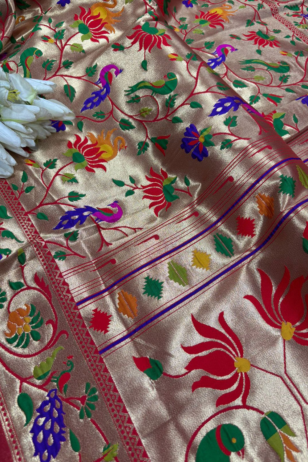 Red Paithani Brocade Silk Flower & Peacock Design Dupatta - Luxurion World