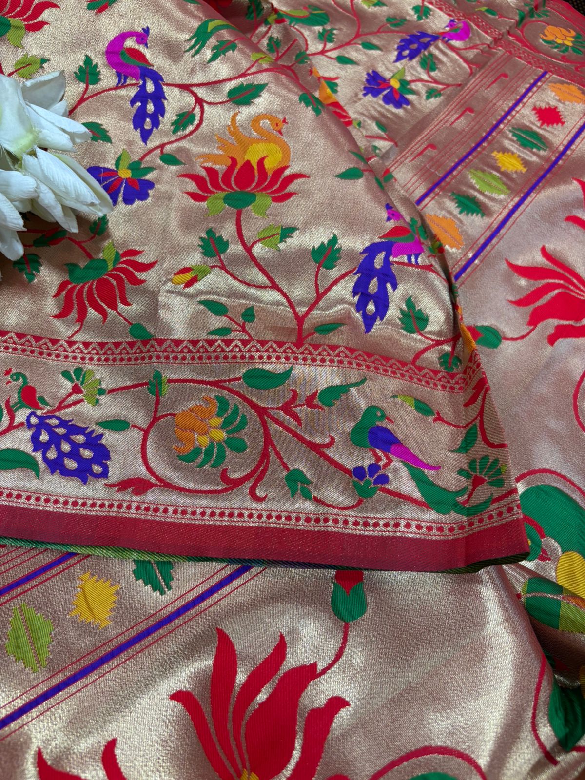 Red Paithani Brocade Silk Flower & Peacock Design Dupatta - Luxurion World