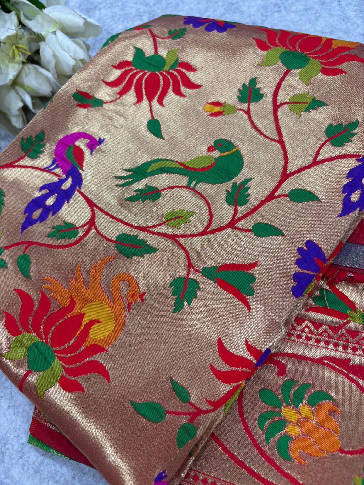 Red Paithani Brocade Silk Flower & Peacock Design Dupatta - Luxurion World