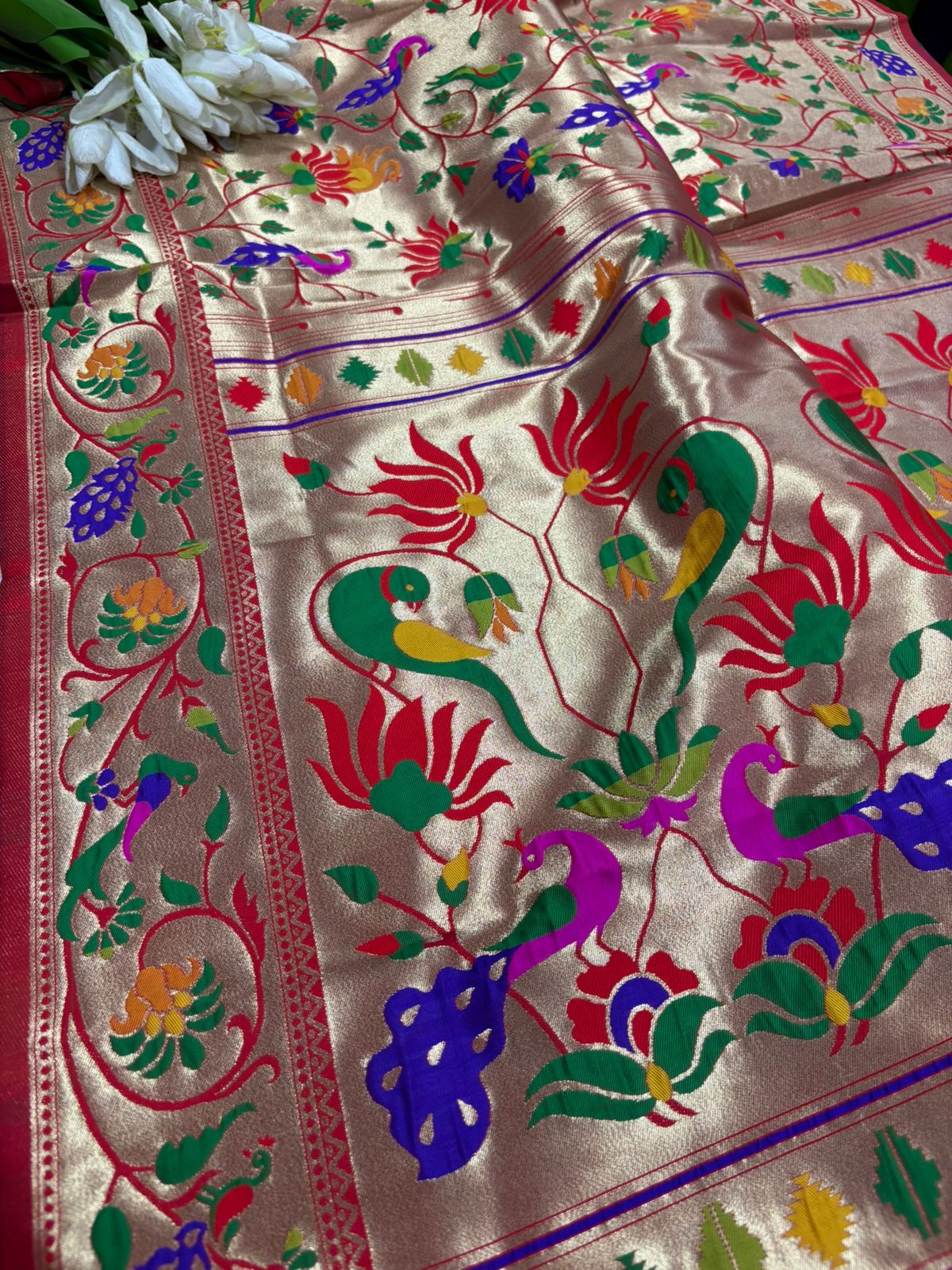 Red Paithani Brocade Silk Flower & Peacock Design Dupatta - Luxurion World