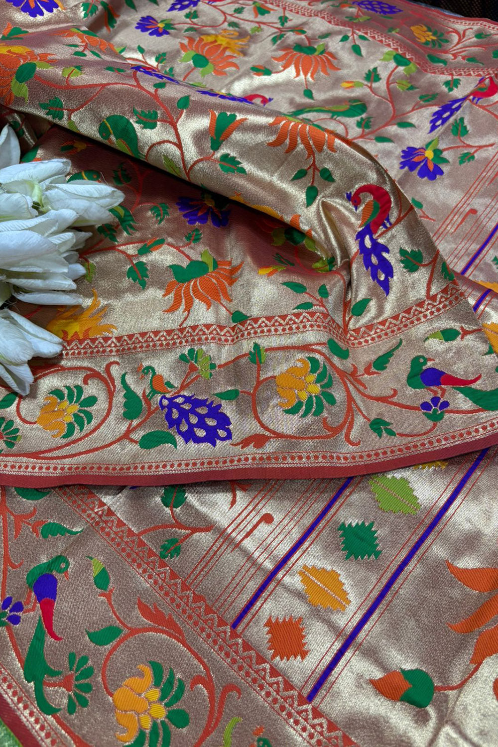 Orange Paithani Brocade Silk Flower & Peacock Design Dupatta - Luxurion World