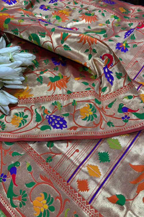 Orange Paithani Brocade Silk Flower & Peacock Design Dupatta - Luxurion World
