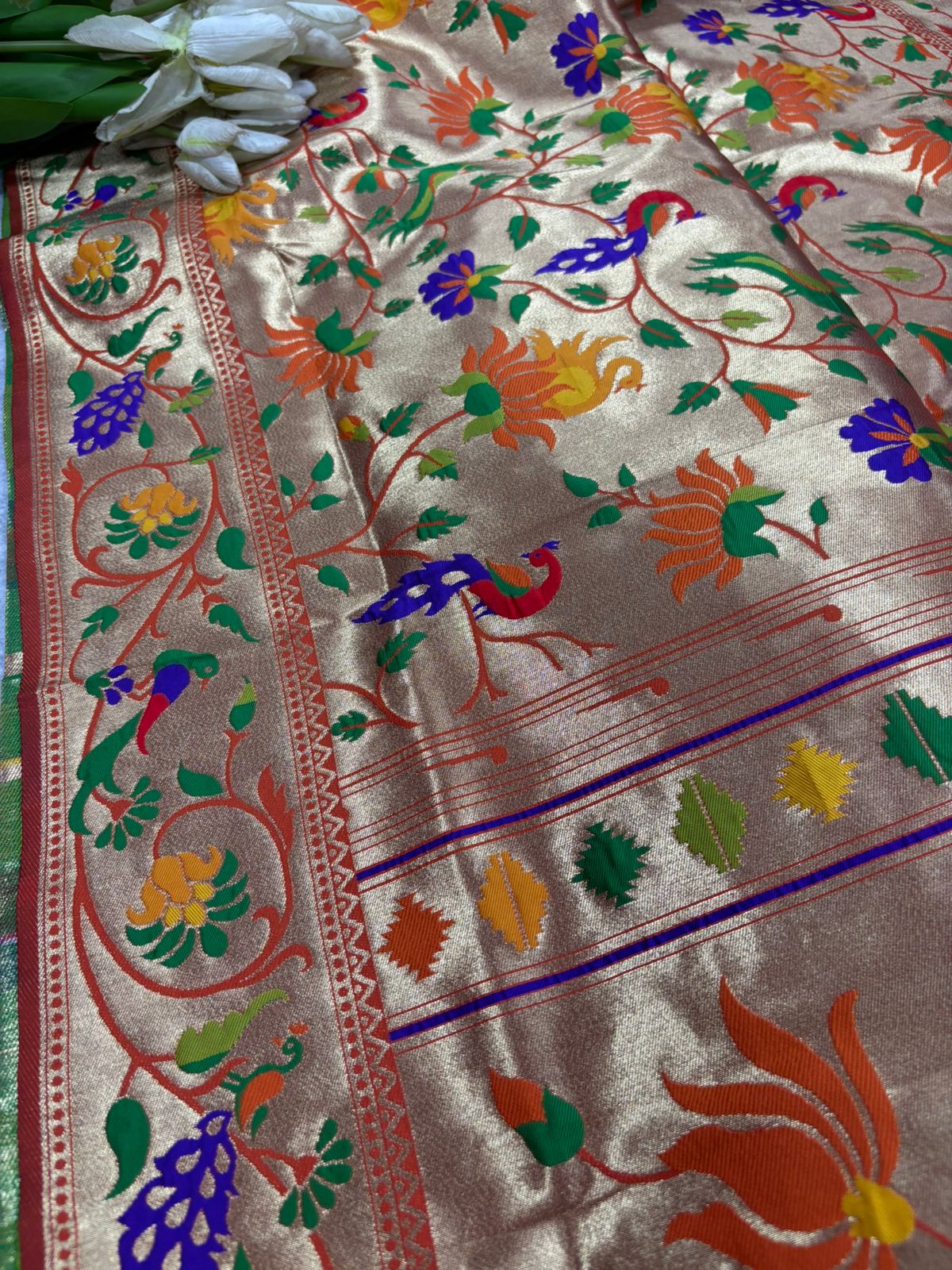 Orange Paithani Brocade Silk Flower & Peacock Design Dupatta - Luxurion World