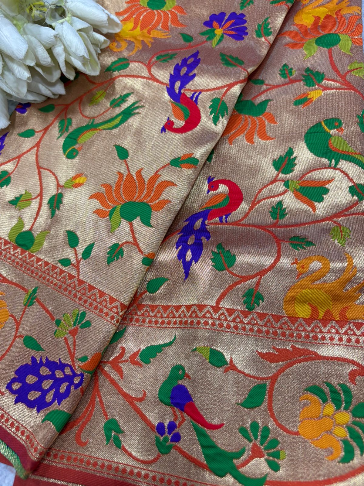 Orange Paithani Brocade Silk Flower & Peacock Design Dupatta - Luxurion World