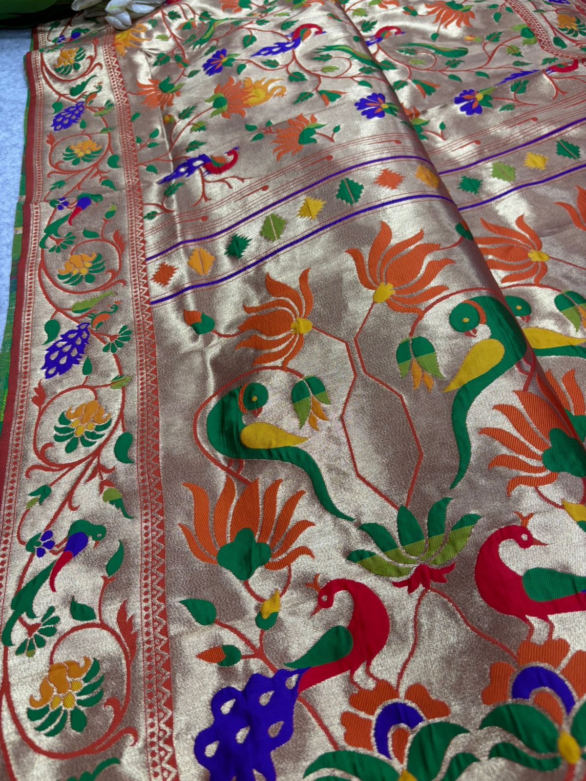 Orange Paithani Brocade Silk Flower & Peacock Design Dupatta - Luxurion World