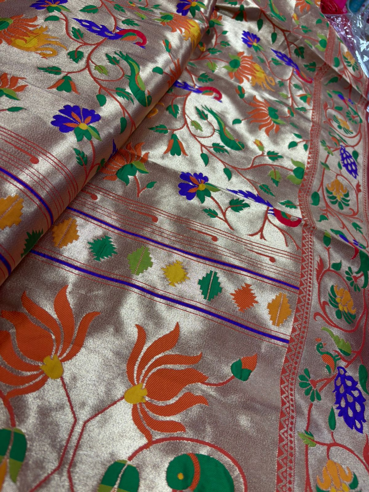 Orange Paithani Brocade Silk Flower & Peacock Design Dupatta - Luxurion World