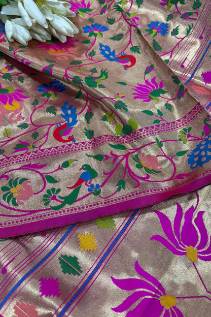 Pink Paithani Brocade Silk Flower & Peacock Design Dupatta - Luxurion World
