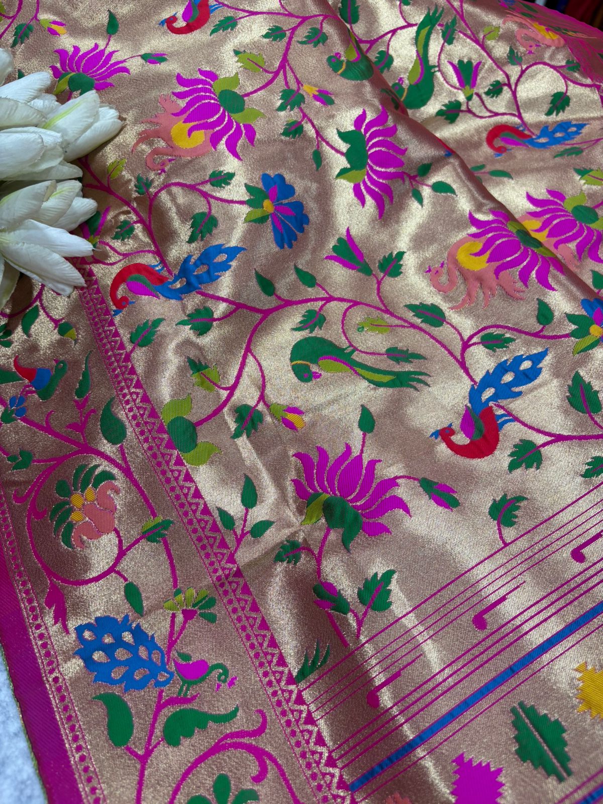 Pink Paithani Brocade Silk Flower & Peacock Design Dupatta - Luxurion World