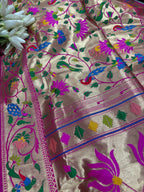 Pink Paithani Brocade Silk Flower & Peacock Design Dupatta - Luxurion World