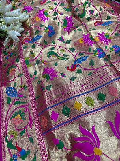 Pink Paithani Brocade Silk Flower & Peacock Design Dupatta - Luxurion World