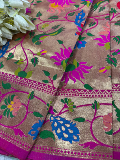 Pink Paithani Brocade Silk Flower & Peacock Design Dupatta - Luxurion World