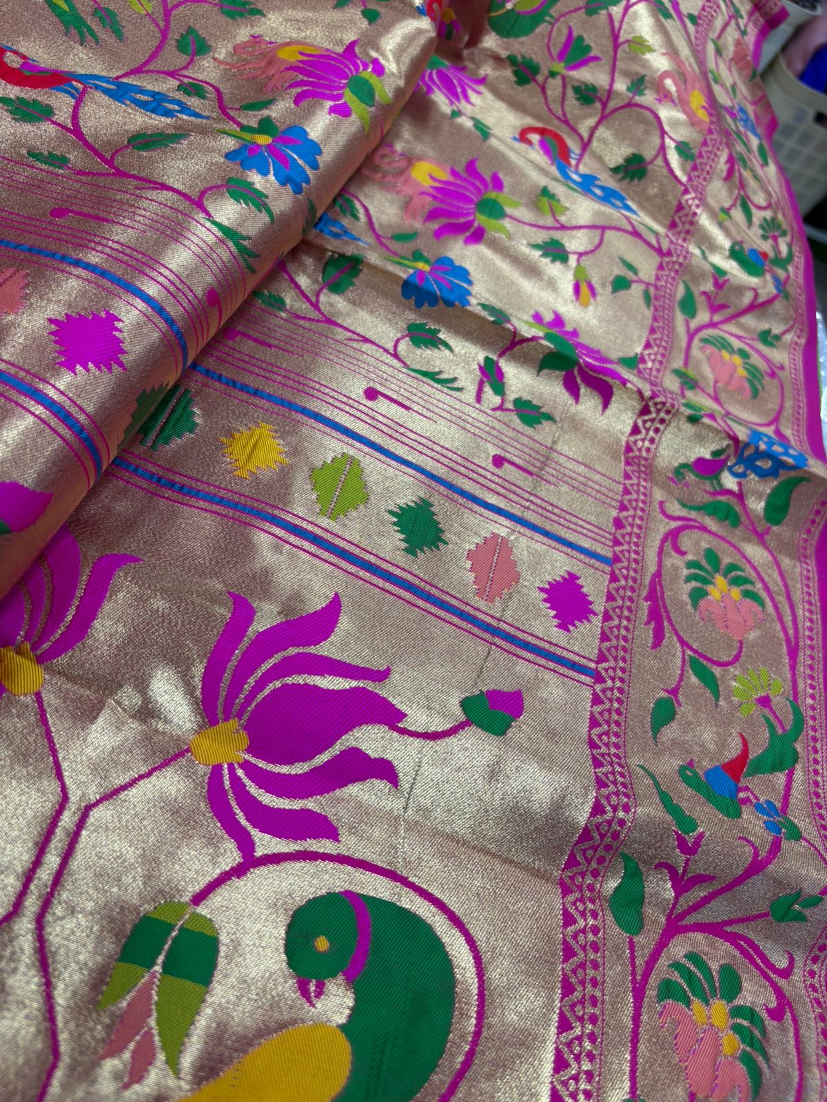 Pink Paithani Brocade Silk Flower & Peacock Design Dupatta - Luxurion World