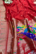Red Paithani Silk Flower & Peacock Design Dupatta - Luxurion World
