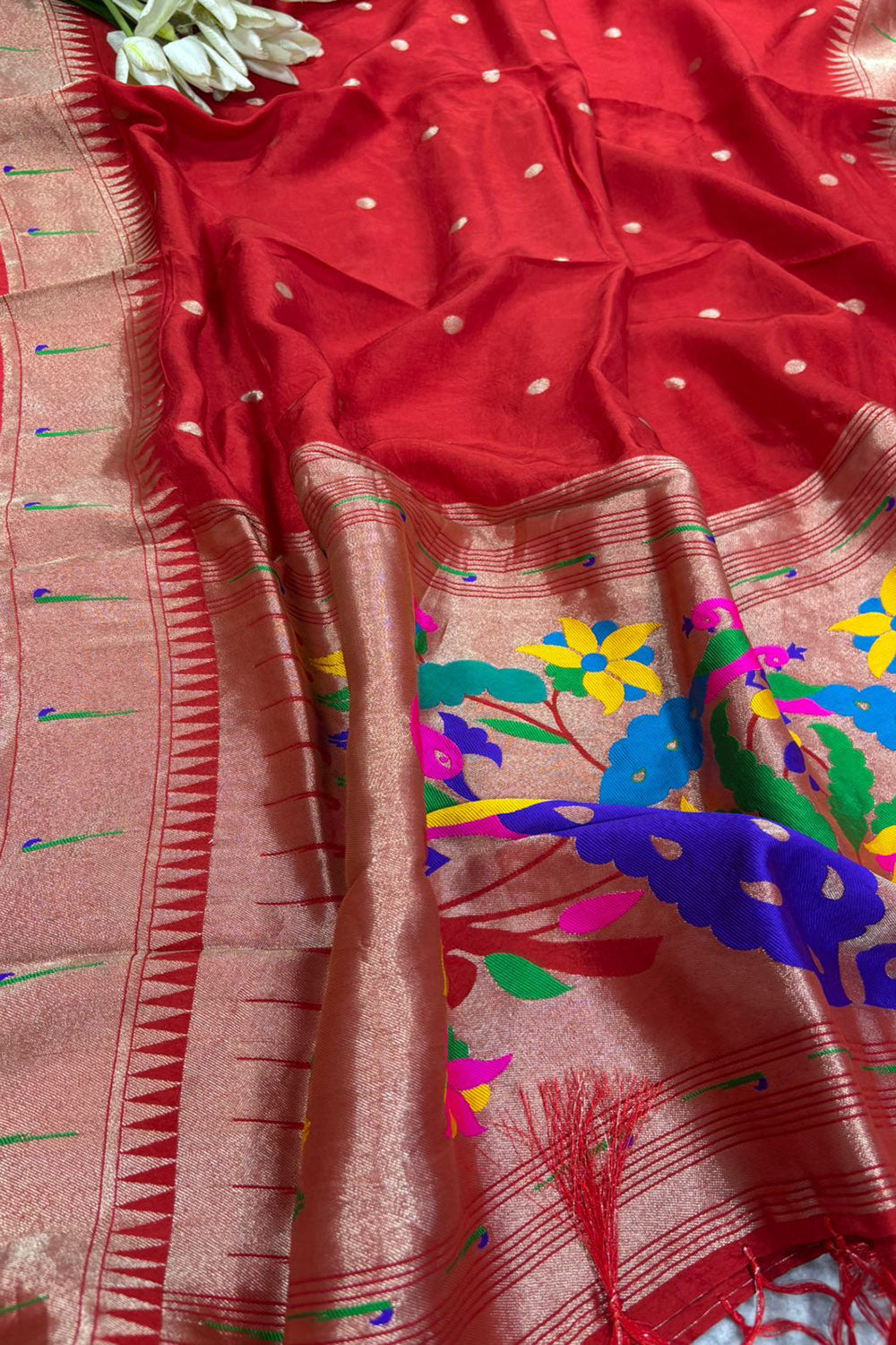 Red Paithani Silk Flower & Peacock Design Dupatta - Luxurion World