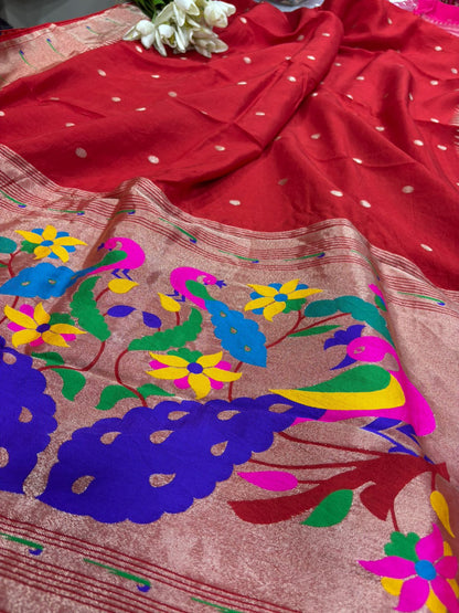 Red Paithani Silk Flower & Peacock Design Dupatta - Luxurion World