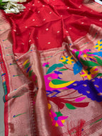 Red Paithani Silk Flower & Peacock Design Dupatta - Luxurion World