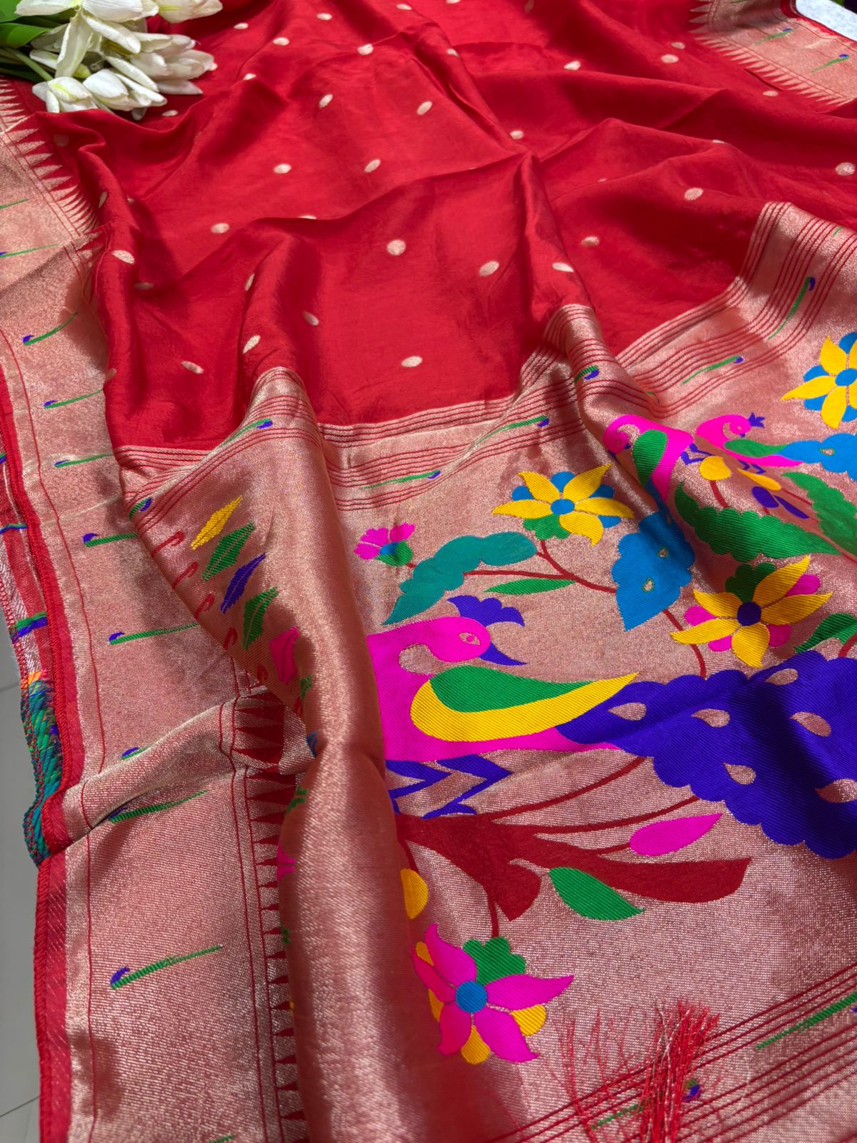 Red Paithani Silk Flower & Peacock Design Dupatta - Luxurion World