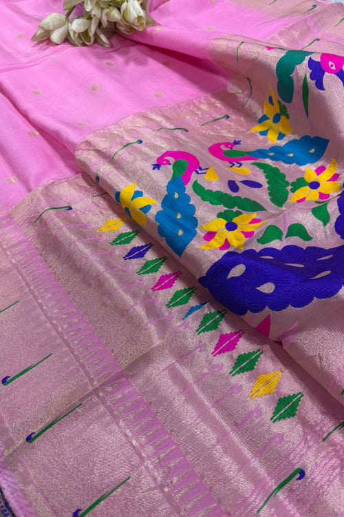 Pink Paithani Silk Flower & Peacock Design Dupatta - Luxurion World