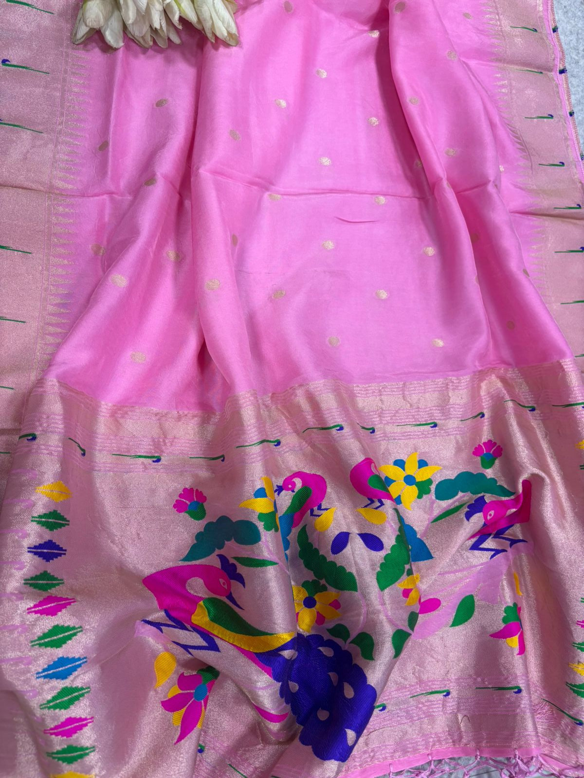 Pink Paithani Silk Flower & Peacock Design Dupatta - Luxurion World